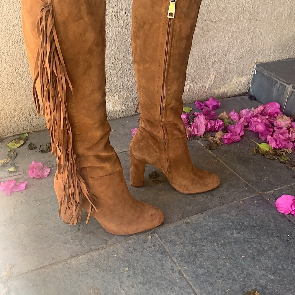 Lauren Ralph Lauren  tan suede knee high boots with fringe